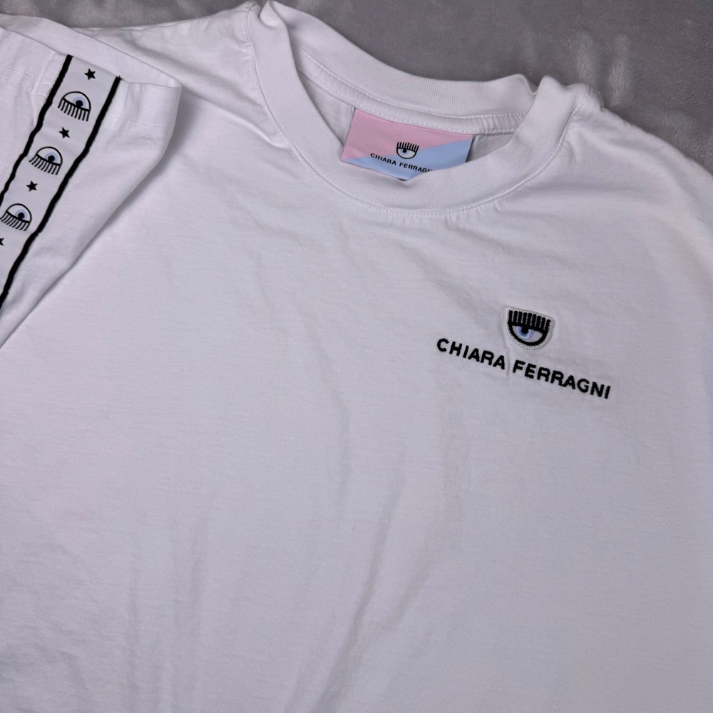 Chiara Ferragni Womens White Eyelike Logo Tape Cropped T-Shirt Size S 72CBHT10